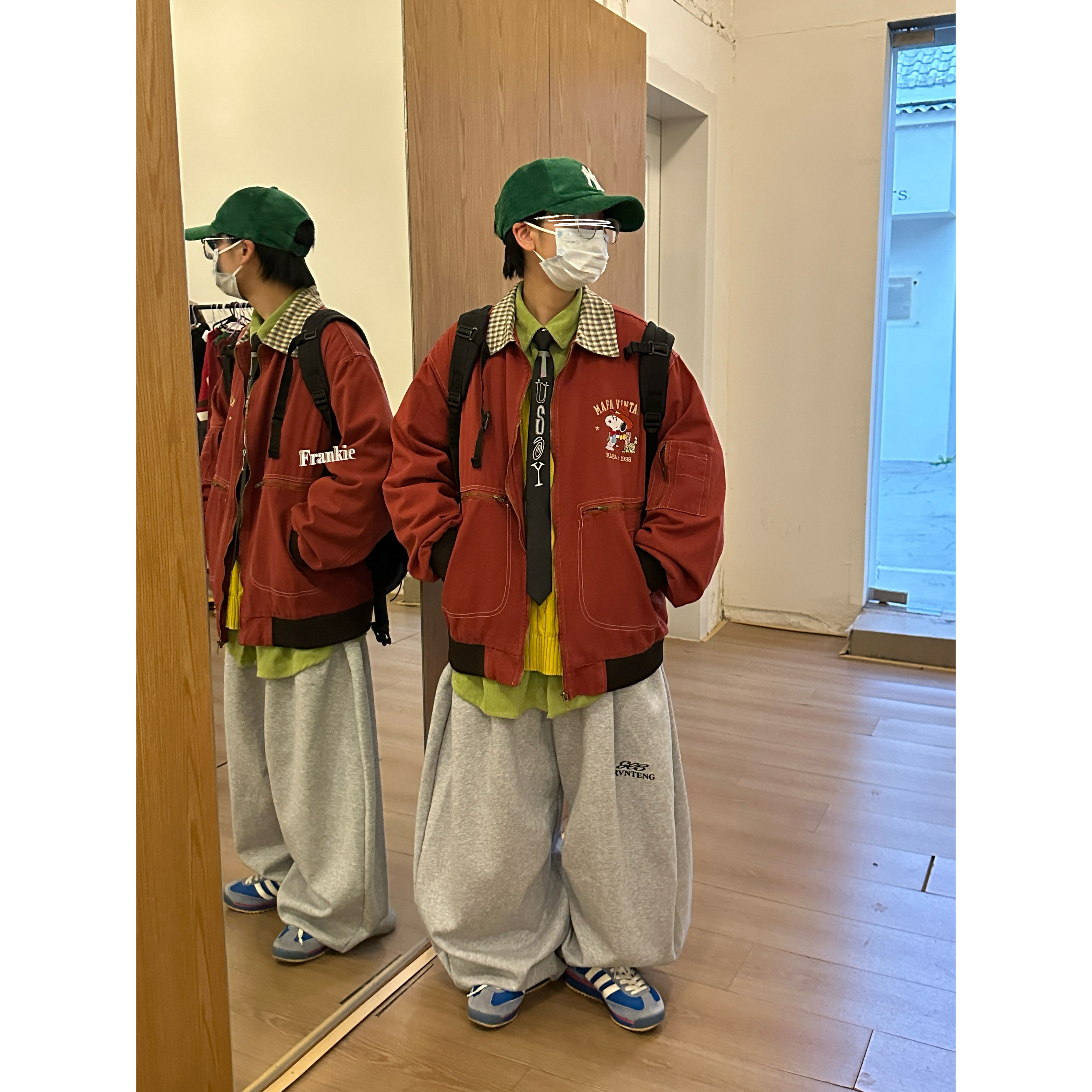 JUSHOUREN 美式复古卡通史努比刺绣翻领红夹克男女宽松秋冬外套潮