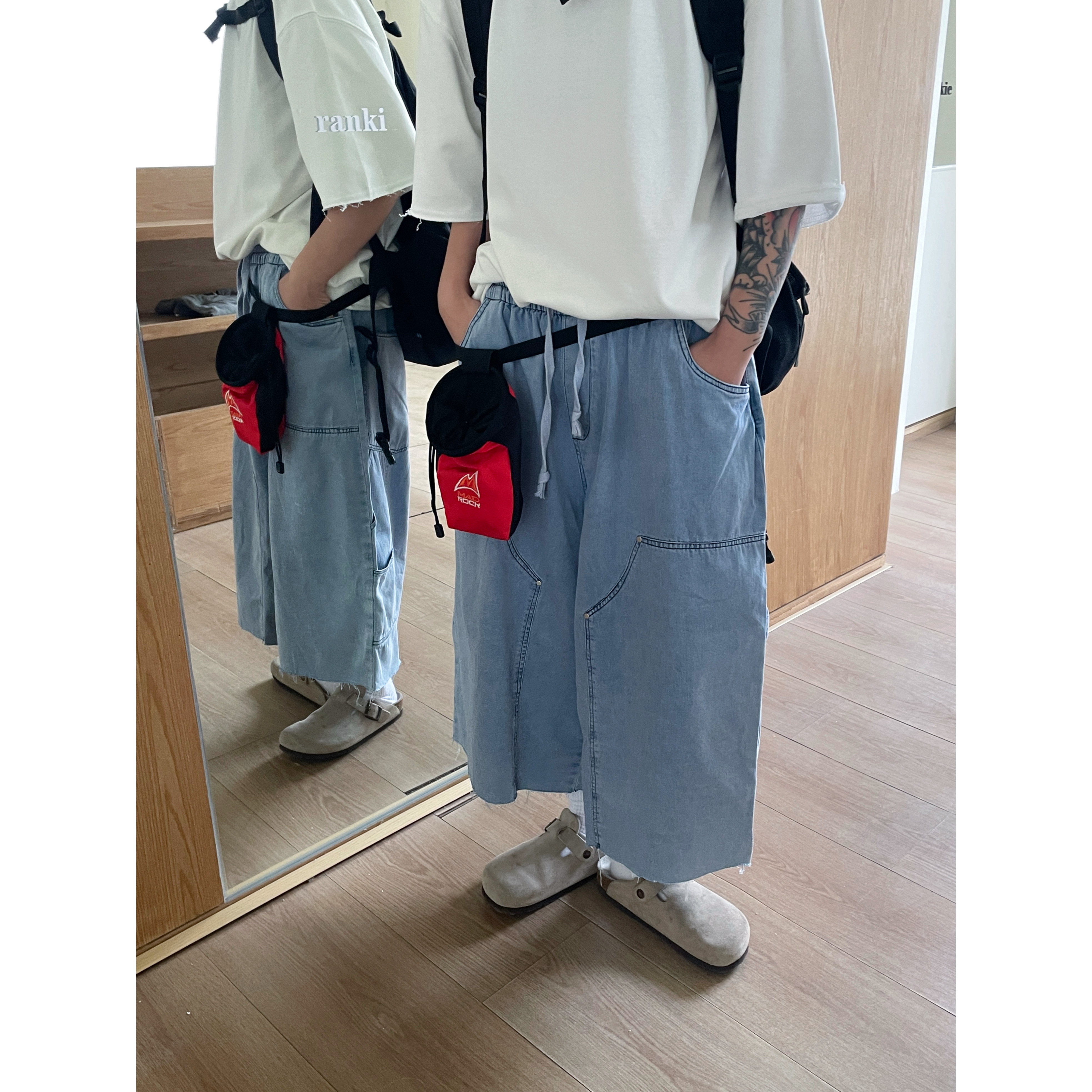JUSHOUREN 韩国潮牌牛仔六分裤夏季宽松过膝下摆剪裁磨边牛仔裤潮