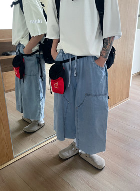 夏季韩系潮牌牛仔八分过膝裤