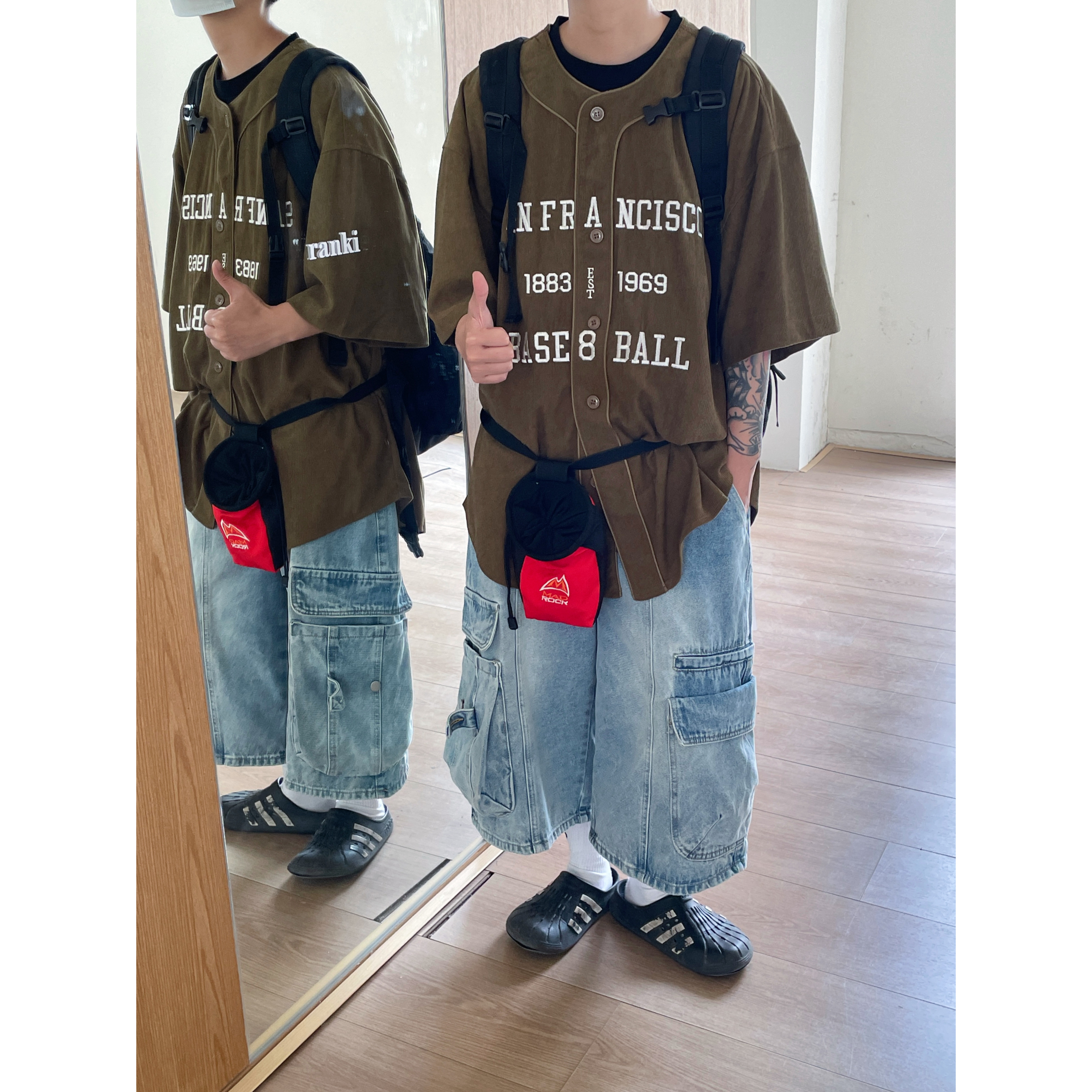 JUSHOUREN 美式运动夏季开衫字母刺绣棒球服短袖男女宽松复古衬衫