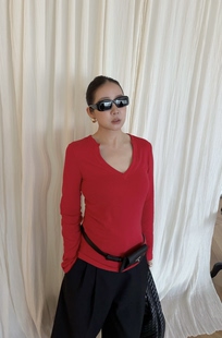 红色V领长袖 百小众个性 T恤上衣女7035 韩版 WIDELIA陈姬儿春秋新款