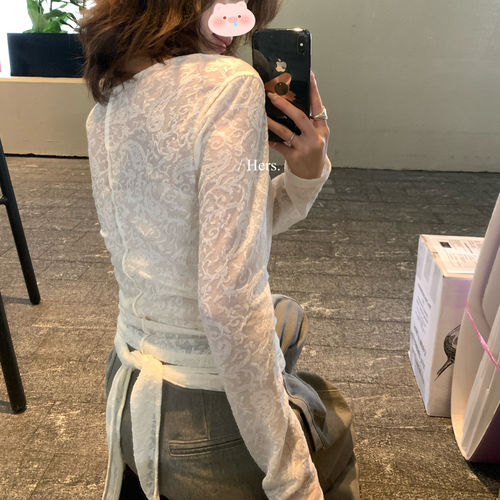 hers 一勺甜 秋季气质精致后背绑带提花小衫女圆领蕾丝上衣66658