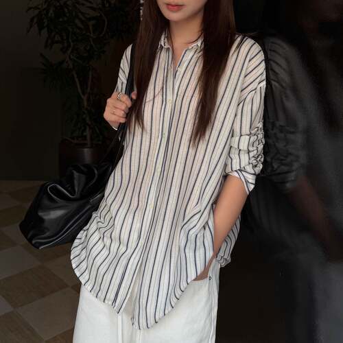 WAIT MORE 秋季新款条纹衬衫女高品质天丝亚麻休闲长袖衬衣5309