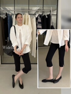 widelia陈姬儿春夏新款卡普里裤黑色显瘦小脚开衩七分裤女7083