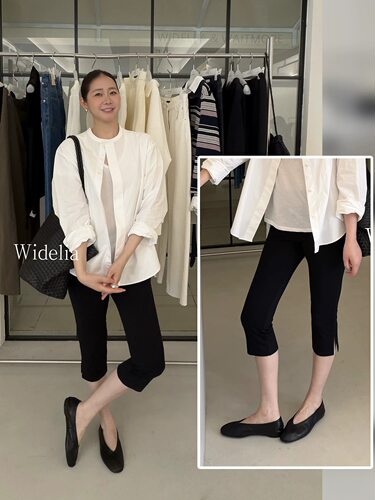 widelia陈姬儿春夏新款卡普里裤黑色显瘦小脚开衩七分裤女7083