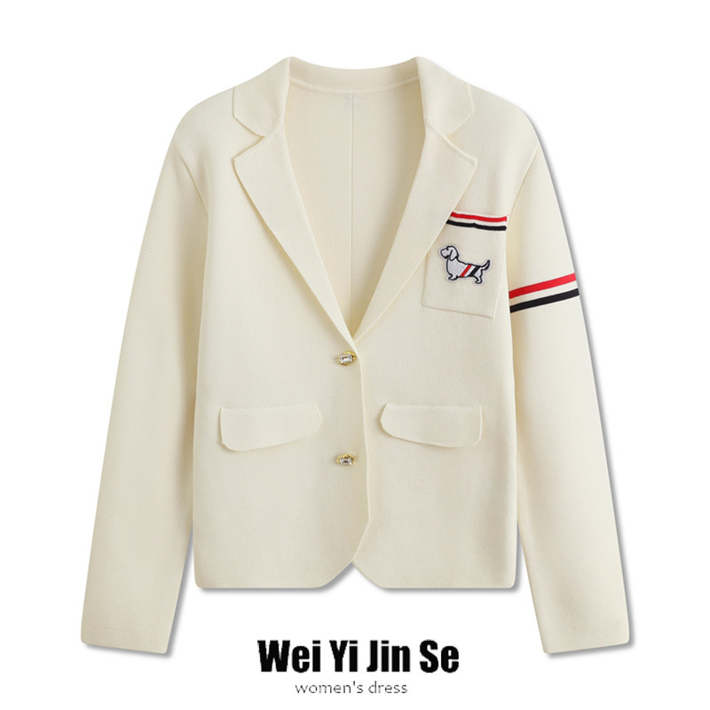 韩版tb重工设计感狗狗刺绣彩杠修身针织开衫翻领气质小西装厚外套,女装/女士精品,毛针织衫,淘宝优惠券,粉丝福利购,淘宝优惠卷