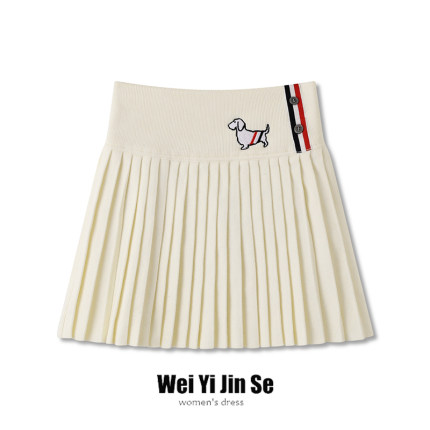 韩版tb小狗刺绣韩版条纹学院风减龄针织百褶裙女半身裙短裙秋冬款