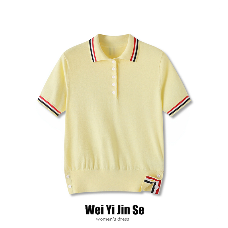 高级感天丝针织短袖女夏季新款修身polo衫T恤翻领韩版tb收腰上衣