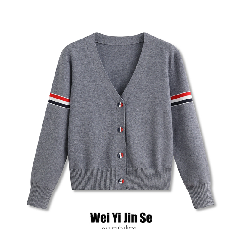 春秋款V领针织开衫女韩版TB彩条宽松百搭学院风减龄毛衣外套上衣