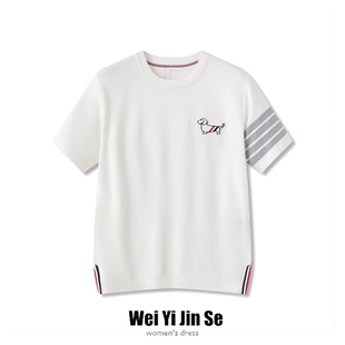 设计感四条杠短袖女夏季新款圆领韩版休息小狗刺绣针织T恤上衣潮