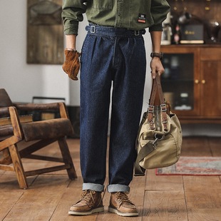 意式那不勒斯双刀廓尔喀调节扣高腰小脚牛仔裤蓝色丹宁牛仔休闲裤
