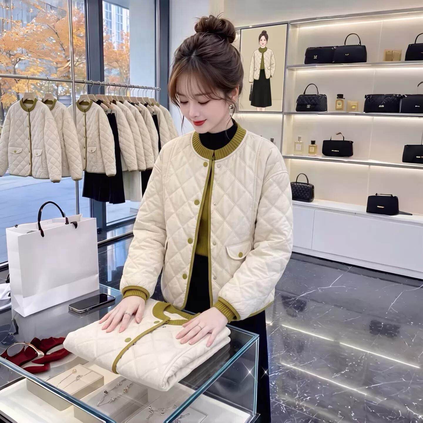 韩系圆领针织拼接菱格棉服女