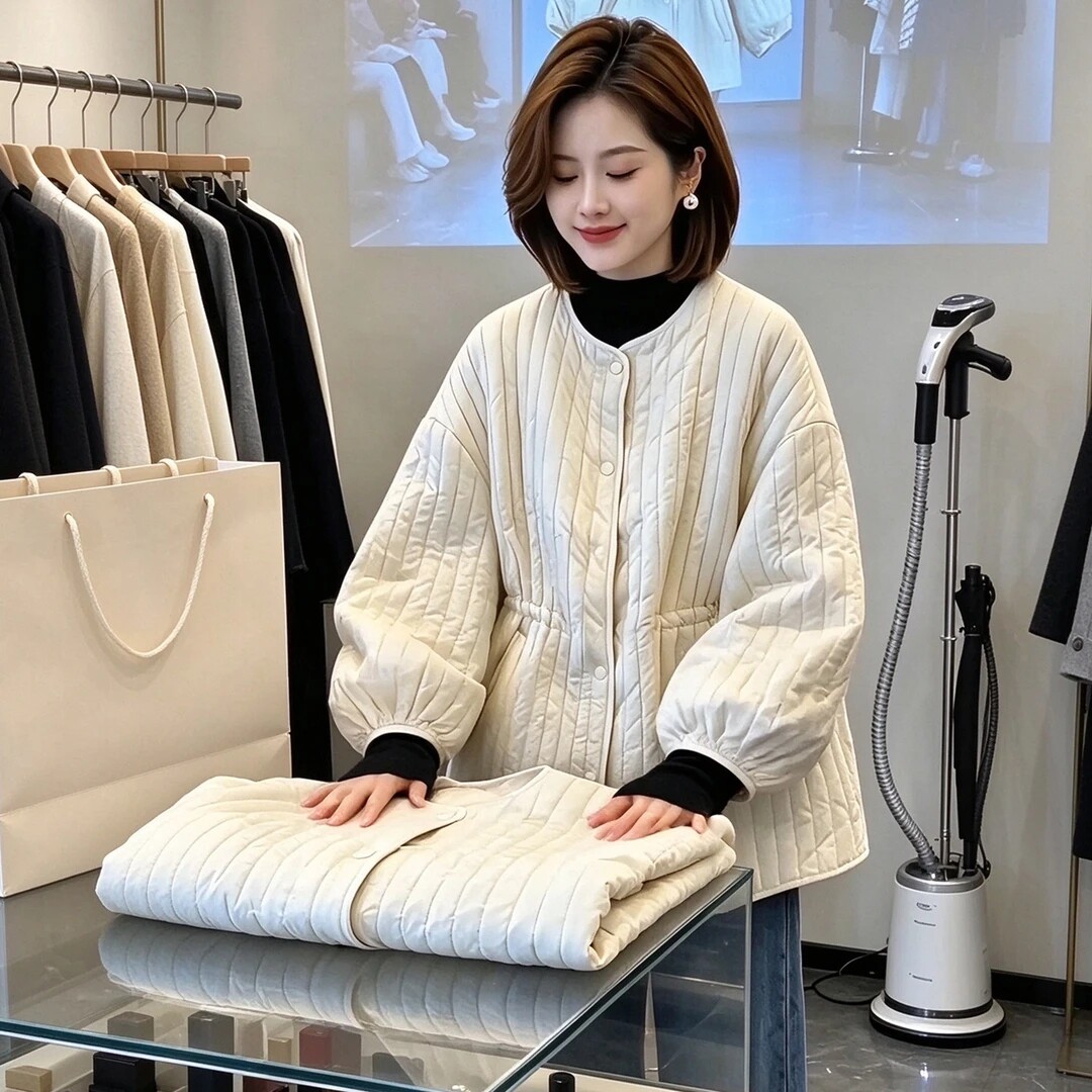 时尚圆领绗线棉服女秋冬季新款