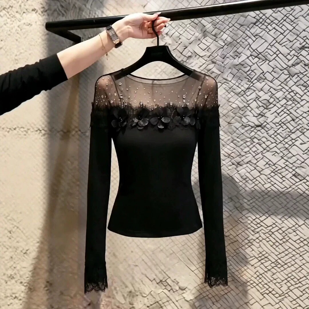 黑色网纱烫钻长袖T恤女秋打底衫