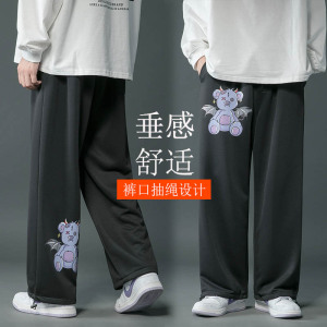 秋季新款男士休闲裤直筒宽松运动裤大码卫裤小熊卡通印花束脚裤图片