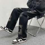 男士牛仔裤潮牌直筒宽松阔腿裤港风扎染拖地裤大码直筒休闲裤N04，男装牛仔裤，星座712-1