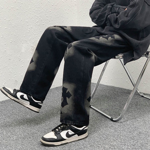 男士牛仔裤潮牌直筒宽松阔腿裤港风扎染拖地裤大码直筒休闲裤 N04图片
