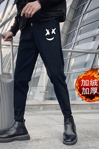 秋冬装新款加绒裤子男士休闲裤加厚长裤潮牌笑脸印花束脚裤网红裤图片