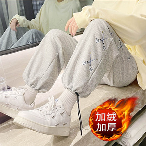 男士加绒休闲裤冬季加厚保暖长裤港风男女中性运动裤宽松工装卫裤