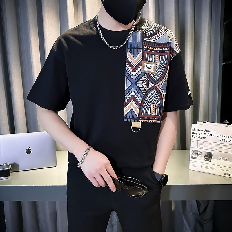新中式体恤风拼色圆领T恤衫短袖t恤夏装打底衫TX02-P58,男装T恤,星座712-1