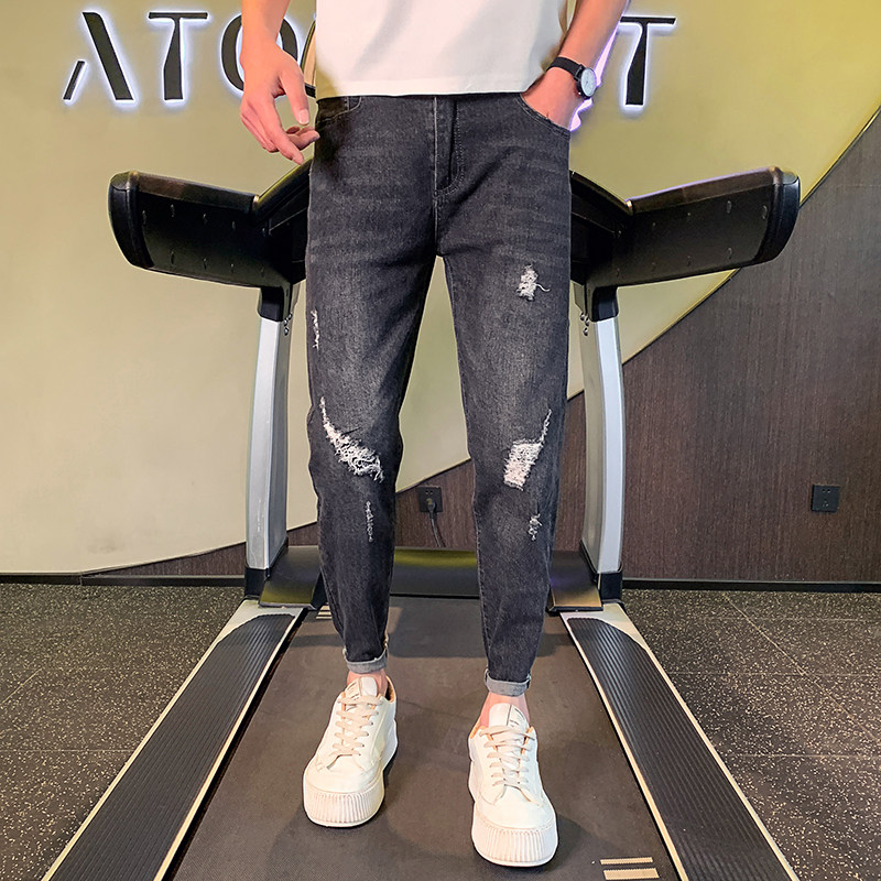 春夏装男士牛仔裤社会小伙弹力紧身裤修身小脚裤破洞乞丐裤A88P58,男装牛仔裤,星座712-1