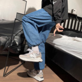 2023秋季新款男士纯色牛仔裤直筒裤宽松阔腿裤大码抽绳束脚裤长裤，男装牛仔裤，星座712-1