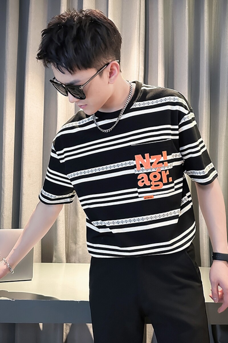 男士条纹衣服夏季短袖T恤痞帅潮牌宽松打底衫TX03-P58,男装T恤,星座712-1