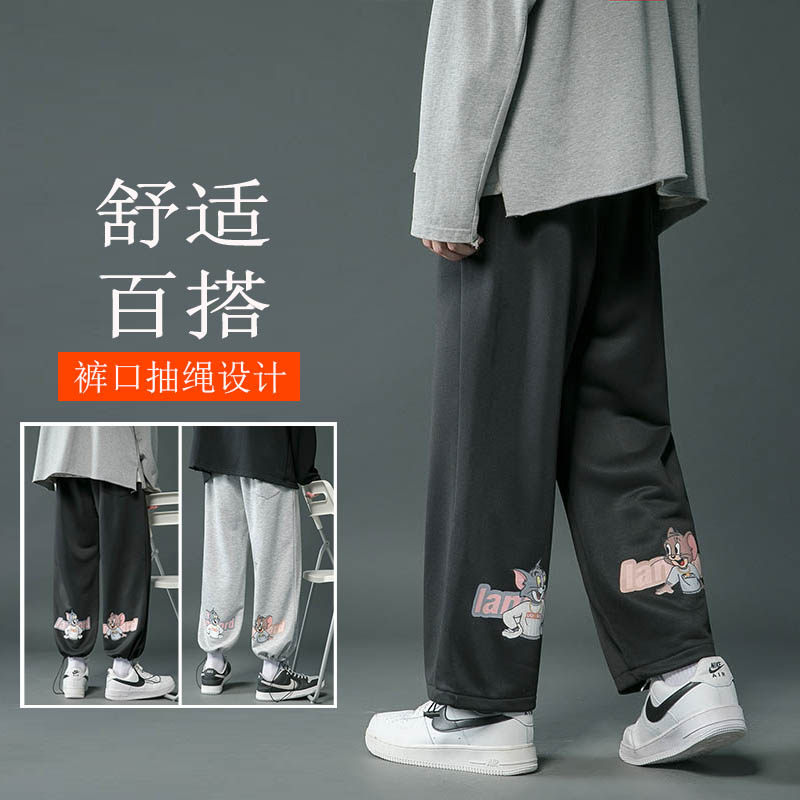 秋季百搭休闲裤抽绳运动裤纯色卡通印花卫裤纸条宽松阔腿裤K07P35图片