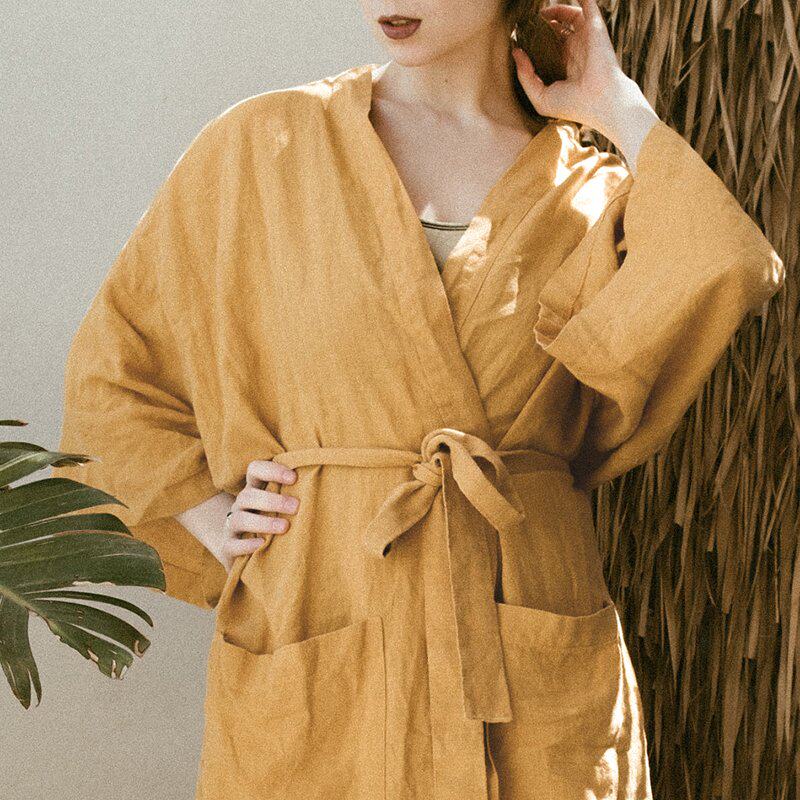 【纯亚麻浴袍】水洗亚麻汉麻舒适透气抑菌吸汗宽松女款中长起居服