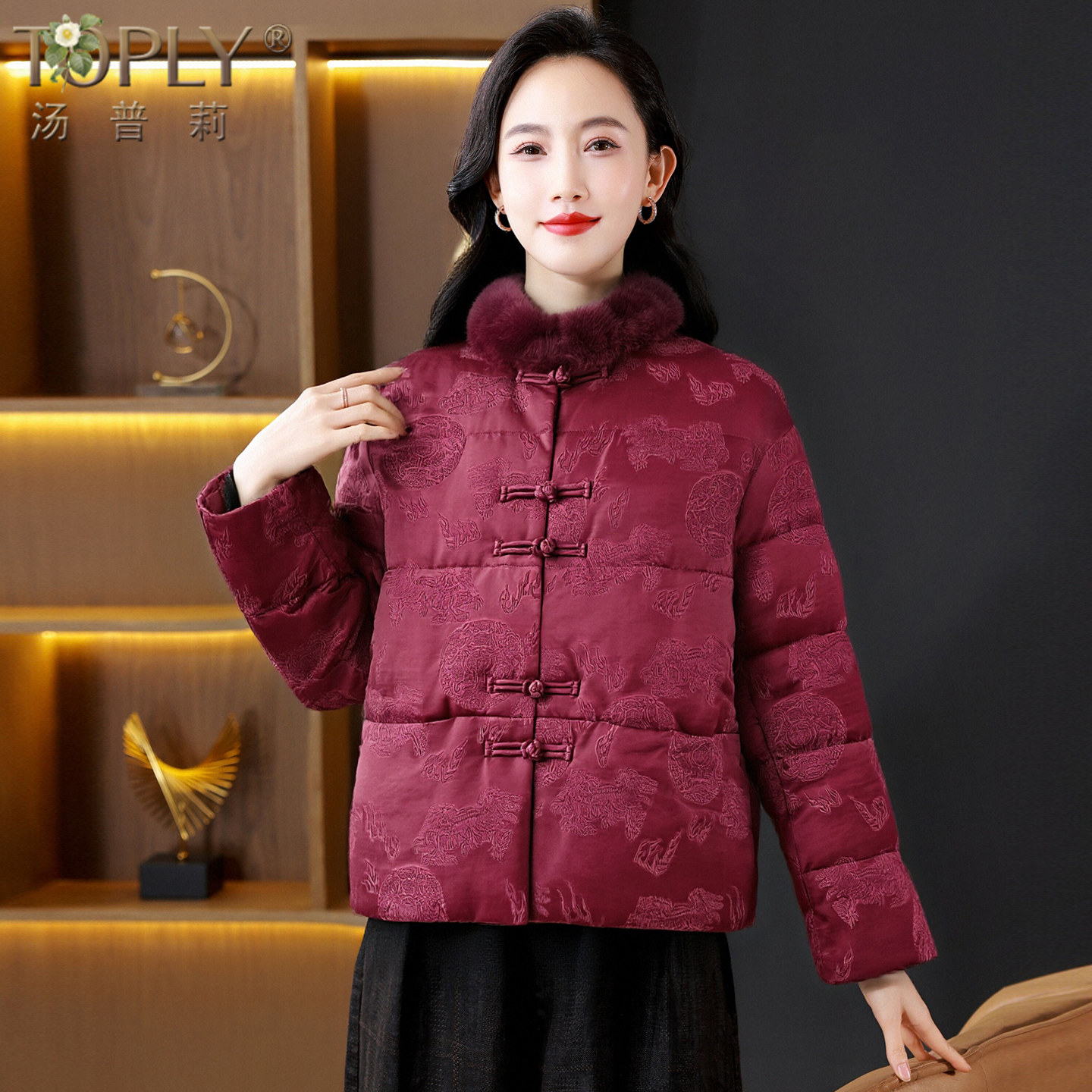 品牌专柜香云纱羽绒服女短款冬季中式水貂毛小个子鹅绒服妈妈外套