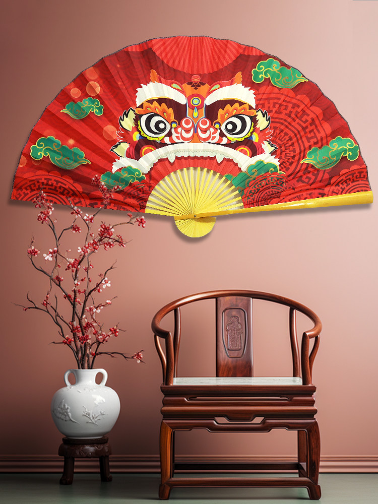 초대형 교수형 팬 국가 추세 북경 오페라 사자 각성 팬 새해 사자춤 개막 축하 무대 장식 배경 벽걸이 접이식 팬