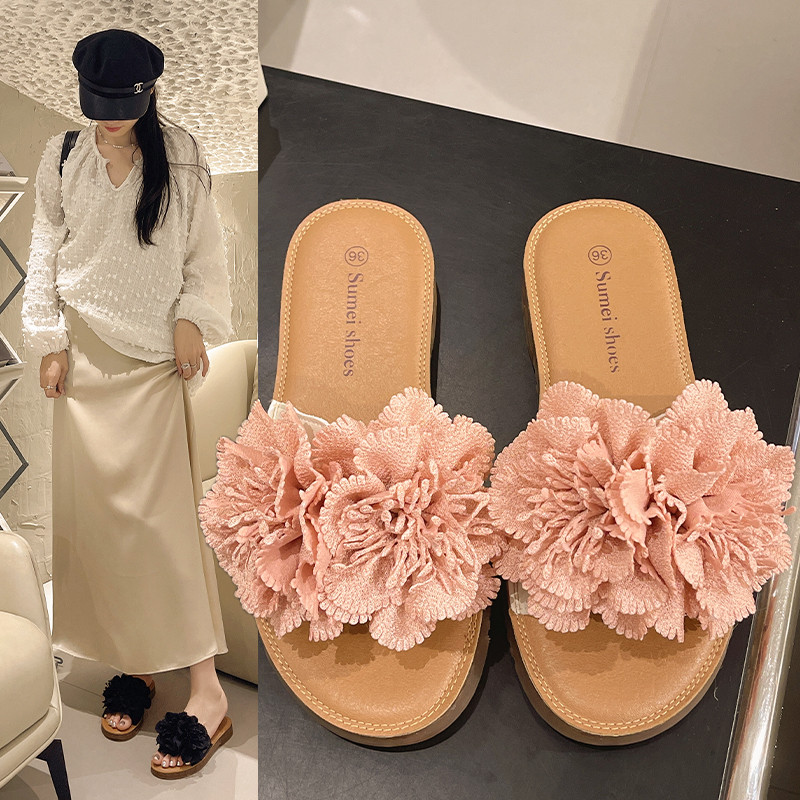 大东奥花朵凉拖鞋女夏季外穿时尚网红平底沙滩鞋牛筋软底孕妇凉鞋