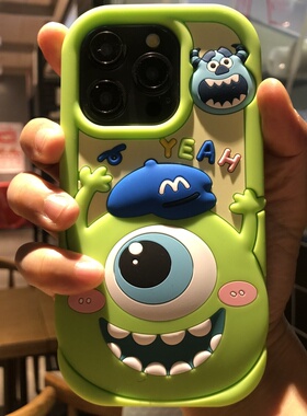 立体绿色小怪兽适用iPhone16 15proMaxs手机壳苹果14 13 12 11全包防摔软硅胶情侣卡通保护套
