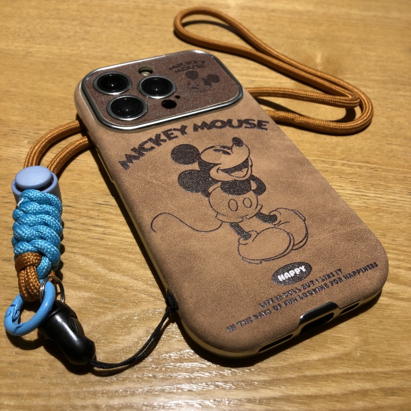 复古棕色皮质米奇老鼠适用iPhone16 15proMax手机壳苹果14 13全包防摔情侣卡通保护套挂绳新款