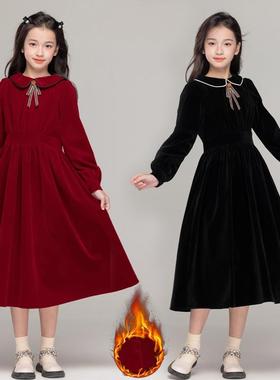 童装女童红色连衣裙2025秋冬装新年复古中大童洋气加绒儿童公主裙