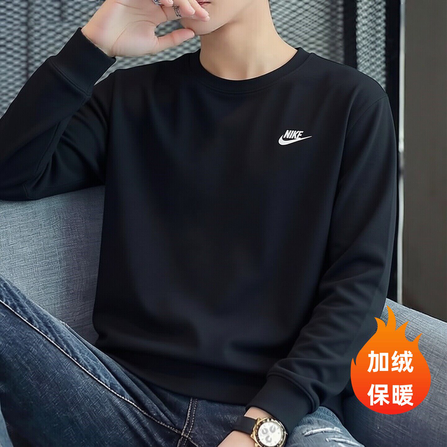 Nike耐克冬季新款加绒卫衣男子黑色保暖外套潮流宽松运动服厚上衣