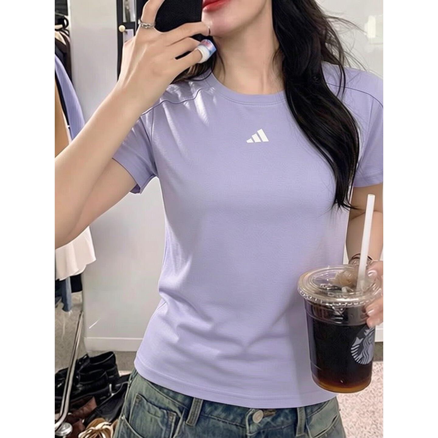 阿迪达斯女夏季正品速干紫色短袖T恤跑步运动服冰丝健身透气t恤
