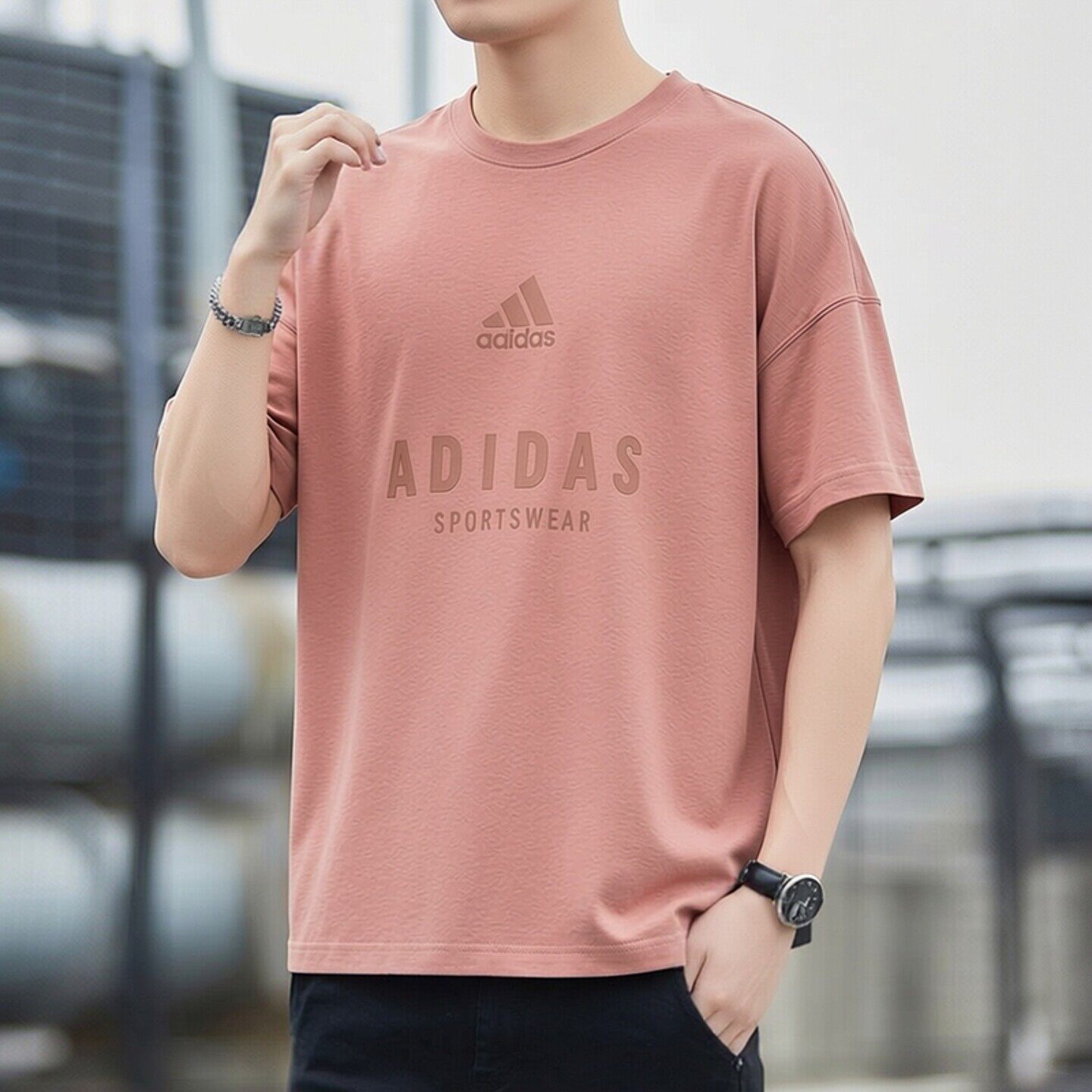 Adidas粉色男装短袖T恤夏季透气百搭训练运动服时尚圆领半袖衫