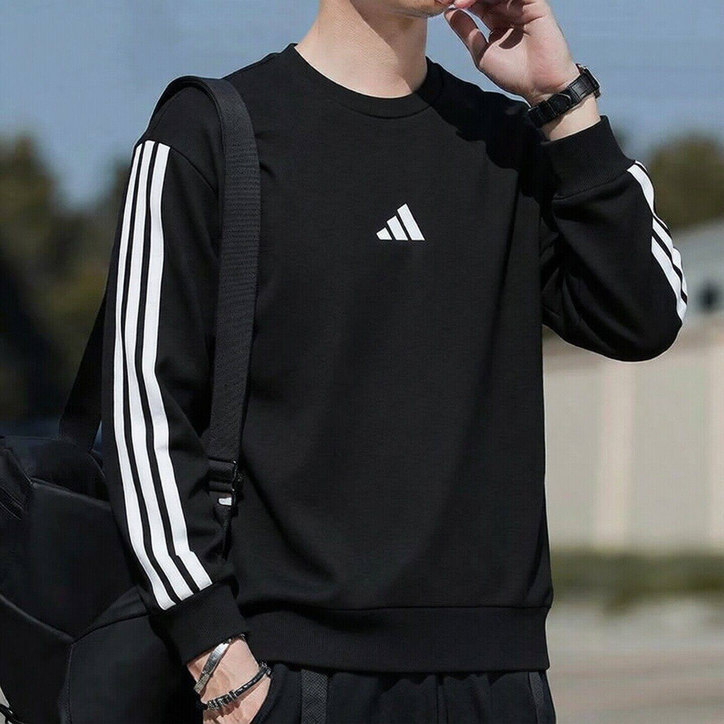 阿迪达斯重磅毛圈棉卫衣男士新款三条纹百搭宽松圆领运动休闲上衣
