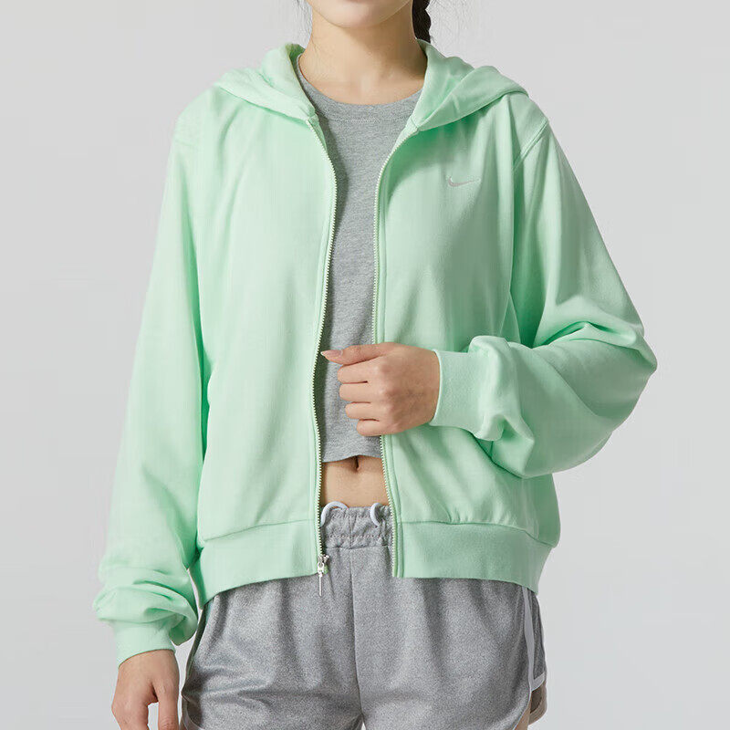 Nike耐克正品运动外套女绿色连帽上衣宽松透气棉质休闲卫衣FN2420