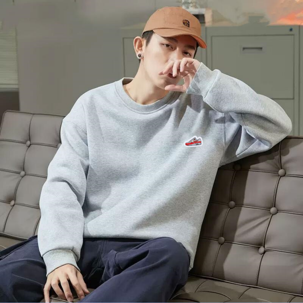Nike耐克浅灰色圆领卫衣男正品针织棉运动长袖宽松透气休闲套头衫