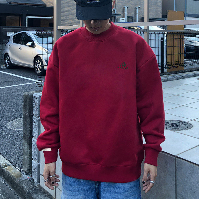 阿迪达斯红色卫衣男装冬季正品新年圆领打底宽松上衣运动服JM9095