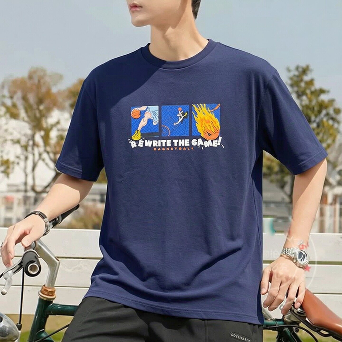 adidas阿迪达斯短袖男t恤夏季蓝色印花篮球运动圆领宽松棉质半袖