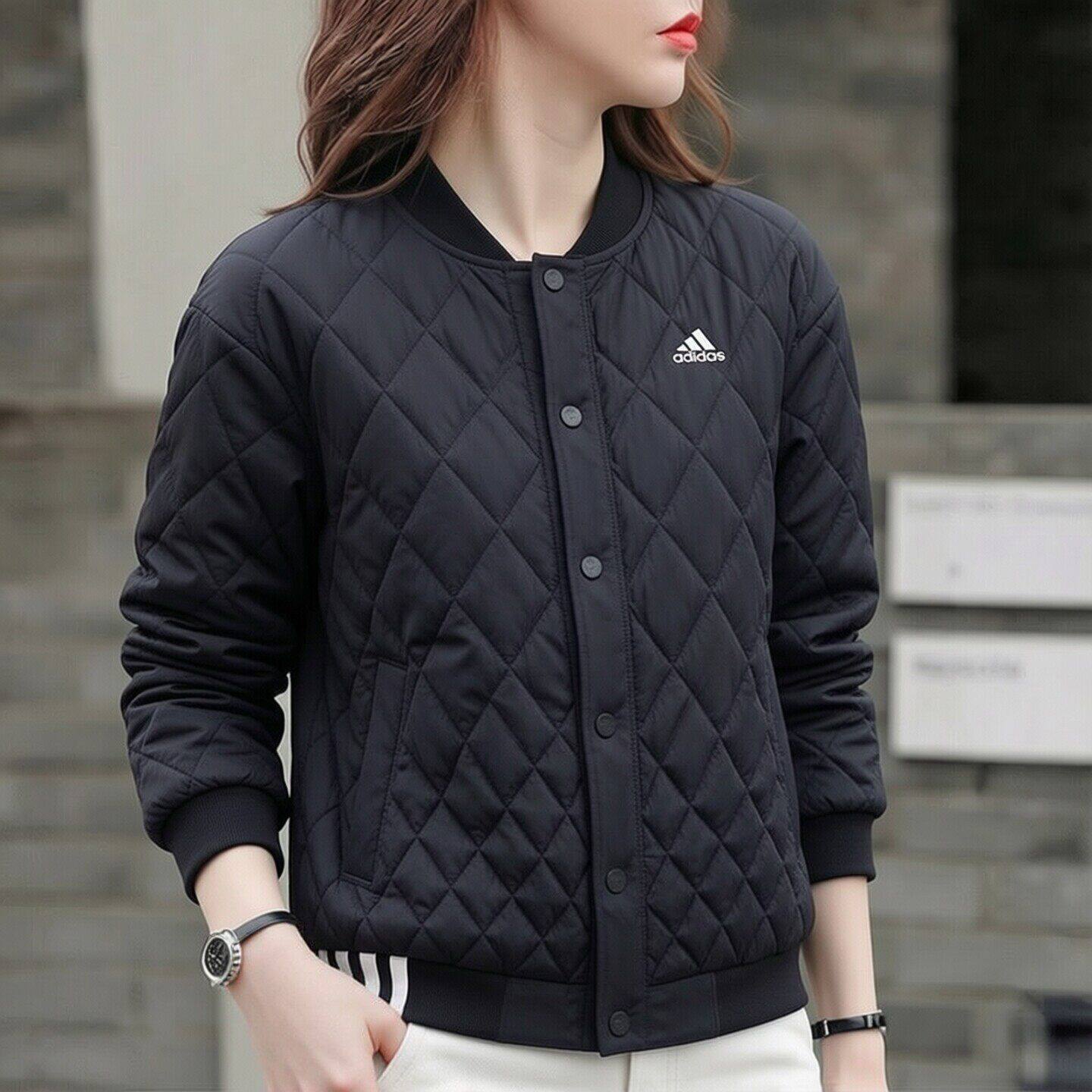 阿迪达斯菱形格棉服女复古棒球服V领运动休闲保暖防风加厚外套