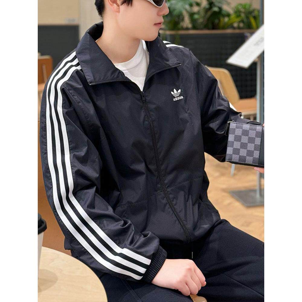 阿迪达斯三叶草外套男春季正品黑色梭织运动服立领防风衣美式夹克