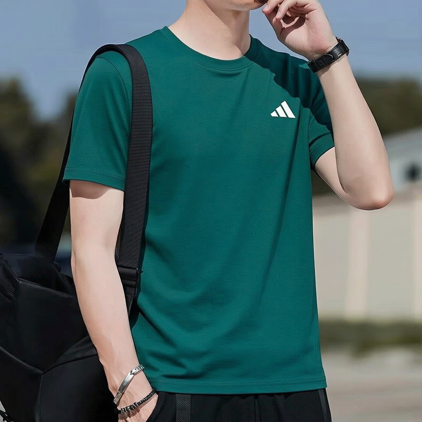 阿迪达斯冰丝短袖男薄款透气运动速干T恤夏季绿色休闲户外上衣