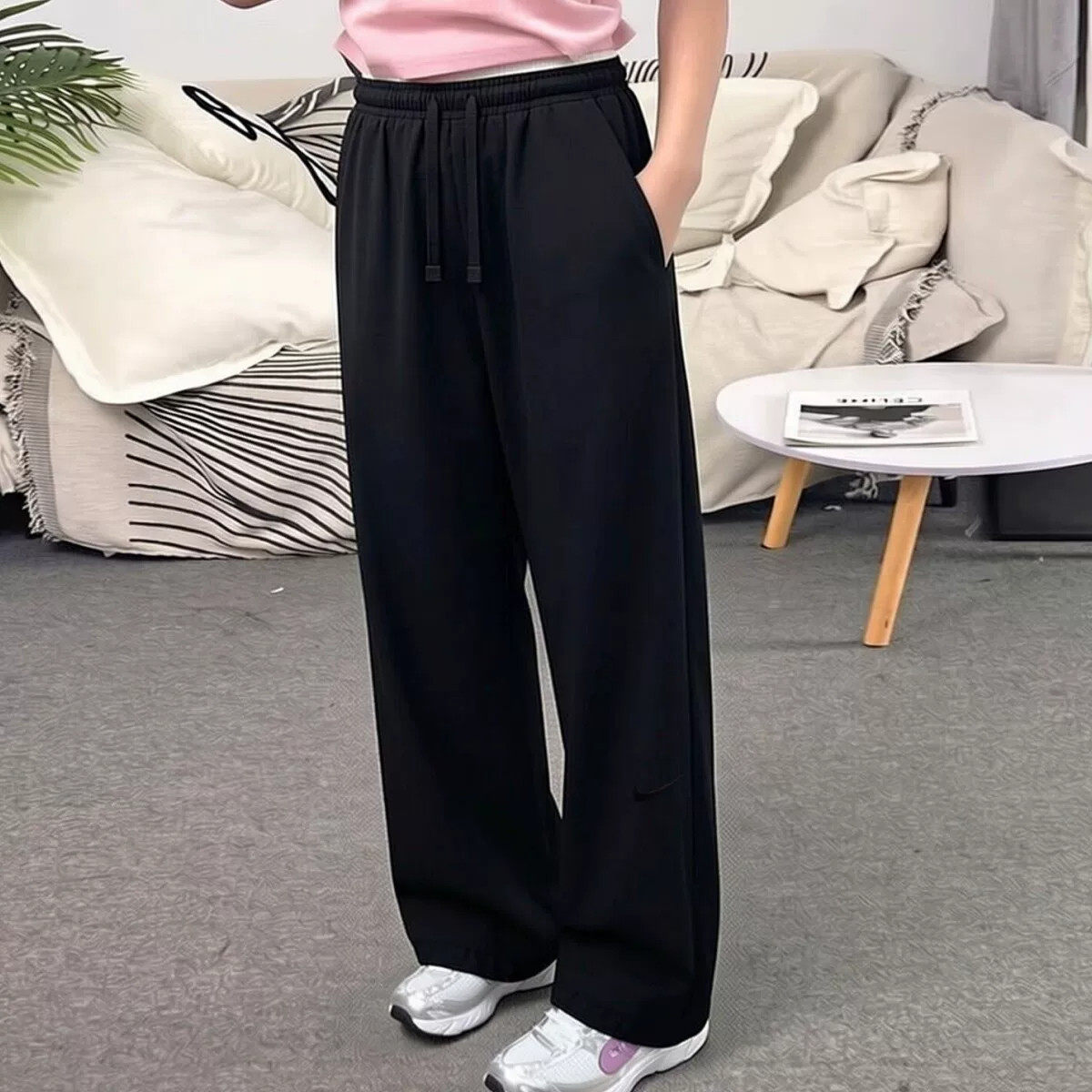 Nike耐克新款黑色抽绳阔腿裤女宽松显瘦百搭休闲运动长裤潮流舒适