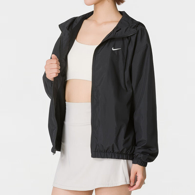 Nike耐克新款女士黑色连帽防晒外套轻薄透气时尚百搭运动夹克潮流