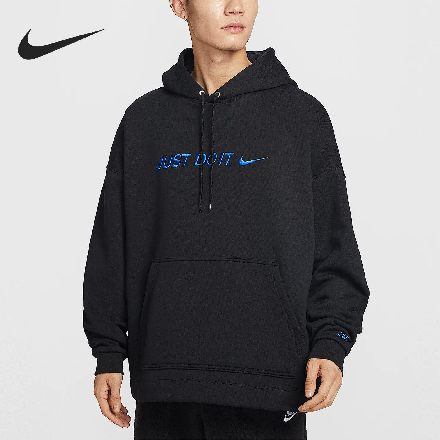 Nike耐克男士黑色连帽卫衣简约运动风JUST DO IT印花套头衫潮流