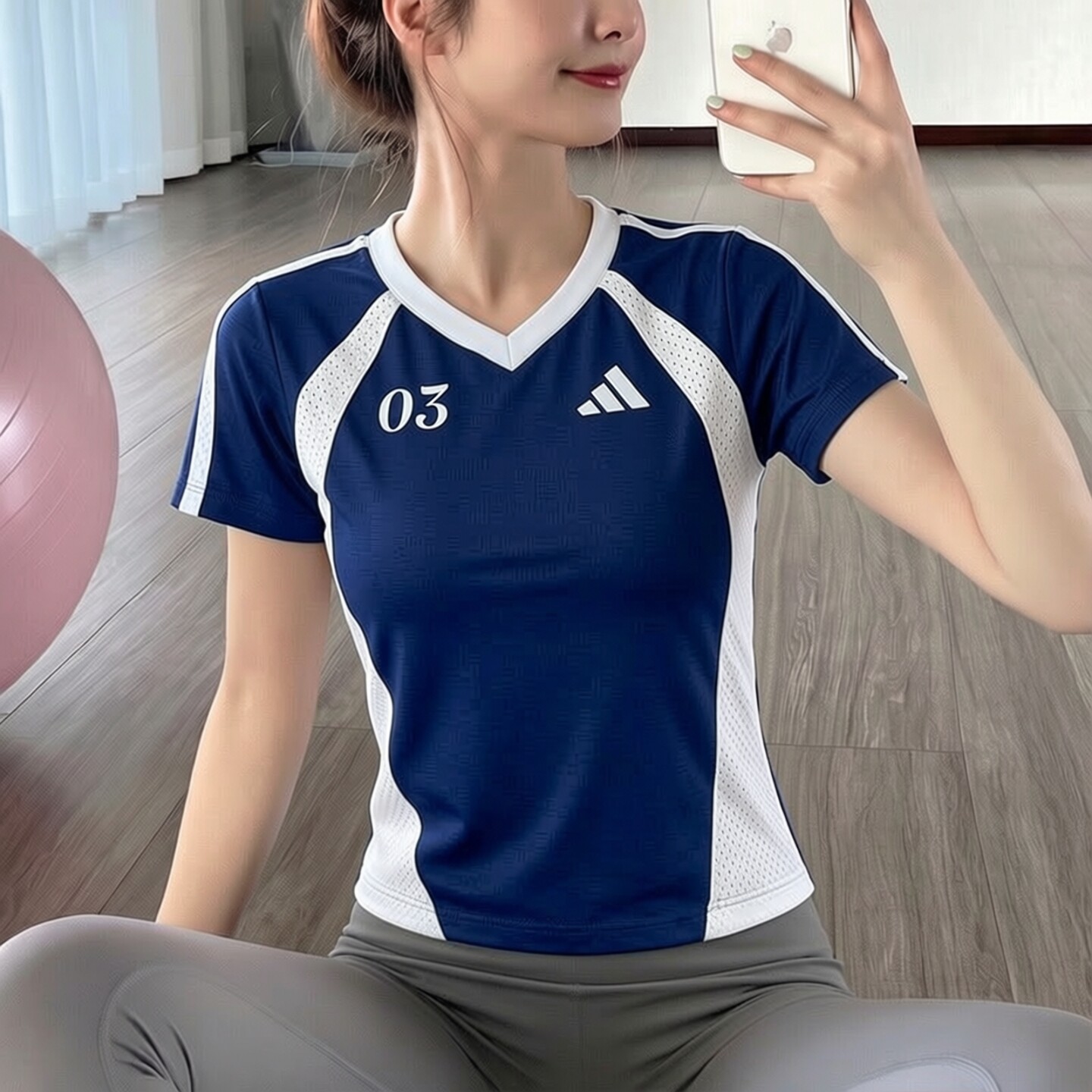 Adidas棉撞色拼接蓝色短袖T恤短款修身显瘦V领运动休闲上衣